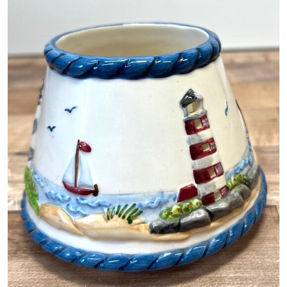 Small Hand-Painted Ceramic Nautical Lighthouse Candle Shade  Blue & White - Picture 3 of 5